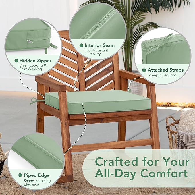 Outdoor Chair Cushions Set of 6: Waterproof & Fade Resistant Seat Cushion for Patio Furniture - 18.5 x 16 x 2 Inch Chair Pads with Ties and Hidden Zipper - Patio Chair Cushion Replacement, Sage Green