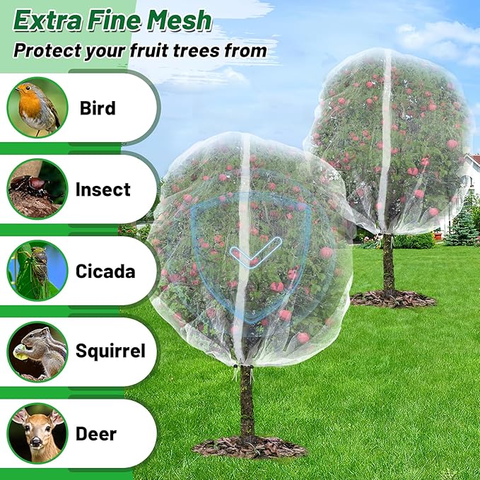 Easy Installation Fruit Tree Netting with Zipper & Drawstring - 6.2x6.2ft Ultra Fine Mesh Garden Protection Screen to Protect Pear Peach Apple from Bird Insect Bug Cicada Deer Squirrel - 2pcs