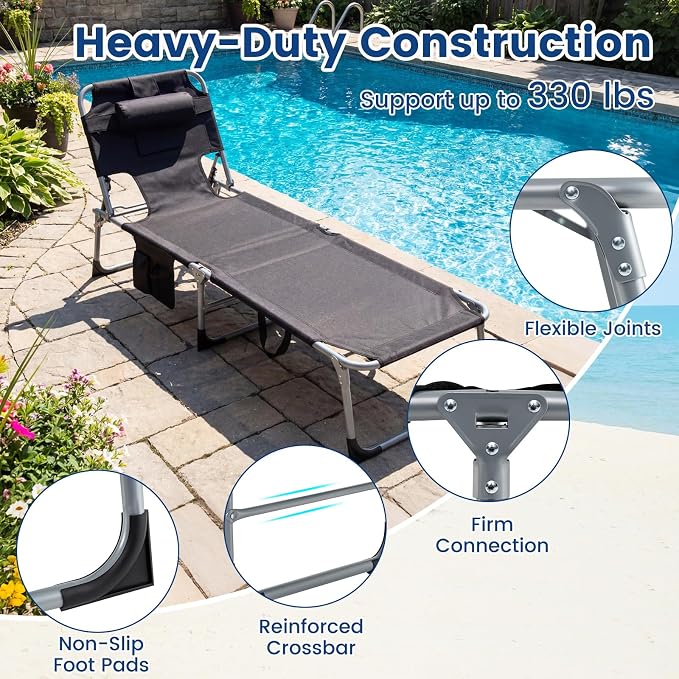 Goplus Tanning Chair, Folding Adjustable Patio Lounge Chair with Face Hole, Removable Pillow, 330LBS, Carry Strap, Outdoor Sunbathing Chair, Lightweight Portable Beach Lounge Chair, No Assembly