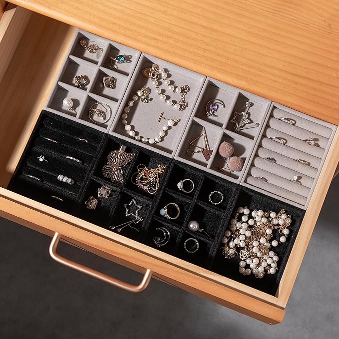 Frebeauty Small Jewelry Tray Set, Stackable Velvet Jewelry Organizer, Drawer Inserts, 4.92 x 3.74 x 0.9 Inches, Earring Organizer for Women (Set of 9, Grey)