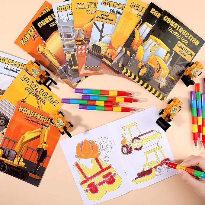 BenLouis 24 Construction Mini Coloring Books Kids with 24 Stacking Crayons Excavator Theme Party Favors Activity Books Bulk for Kids Construction Birthday Goodie Bag Gift Stuffer Classroom Reward