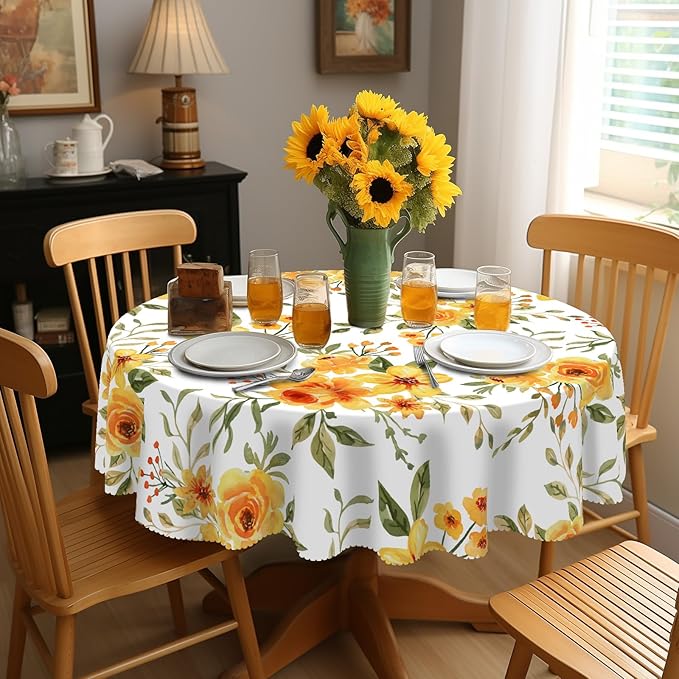 Eikione Round Tablecloth 60inch,Tablecloth Waterproof and Wrinkle-Free, Red Flower Rustic Table Covers, Summer Decorations for Home