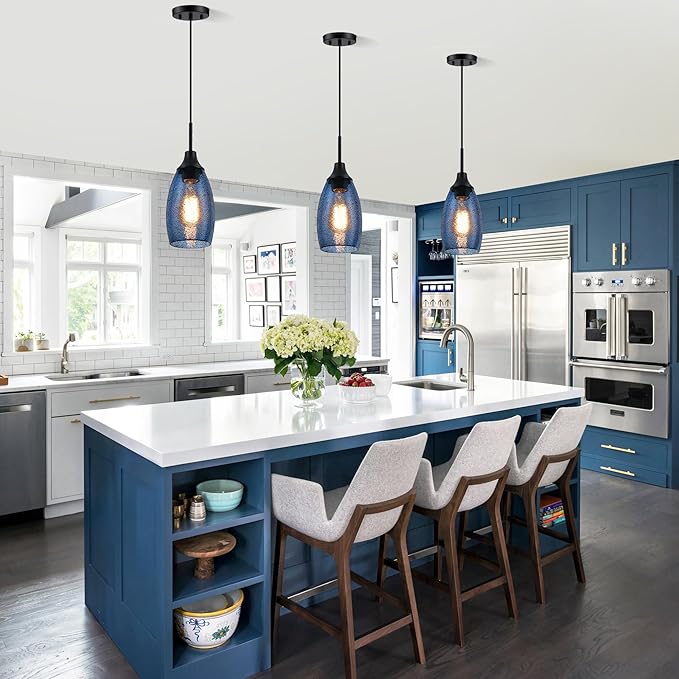 Mini Glass Pendant Light,4.72" Dark Blue Glass Hanging Light 3-Pack Handblown Clear Blue Seeded Shade Adjustable Cord Ceiling Light Fixture for Kitchen Island Sink