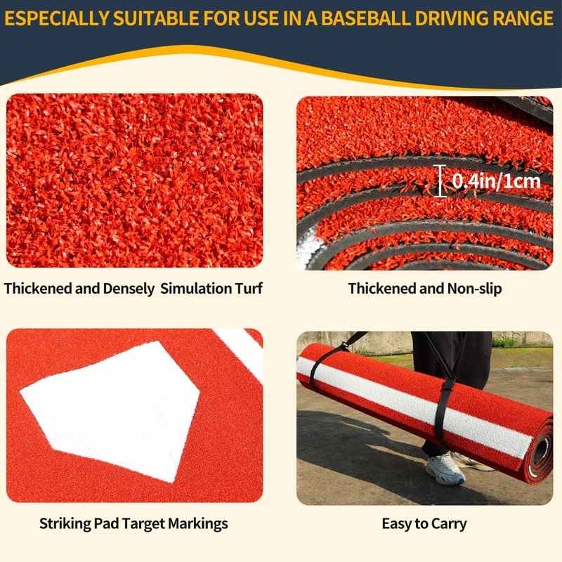 Qryovsa Thickened Baseball Hitting Mat 10ft x 5ft Home Plate Batters Box Turf Mat,0.4in Thick Waterproof Indoor/Outdoor Batting Cage Mat for Softball Pitching Mound, with Portable Carry Bag