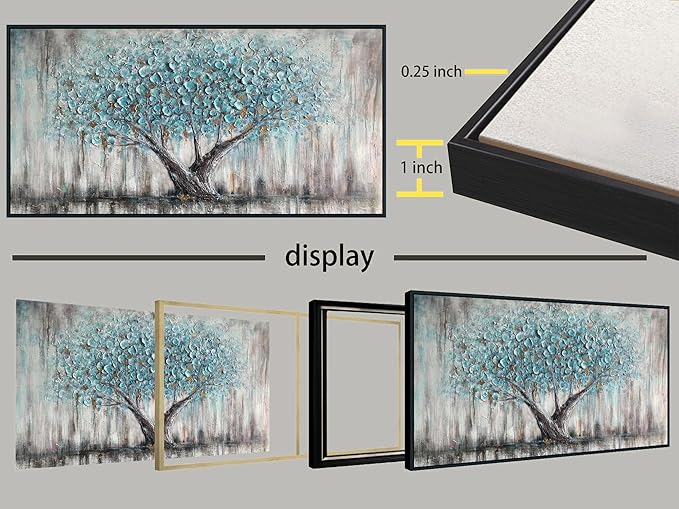 Arjun Framed Blue Tree Extra Large Canvas Wall Art for Living Room Tree of Life Abstract Bedroom Textured Painting, Nature Picture Panoramic Landscape Artwork Home Office Decor, Black Wood 58"x29"