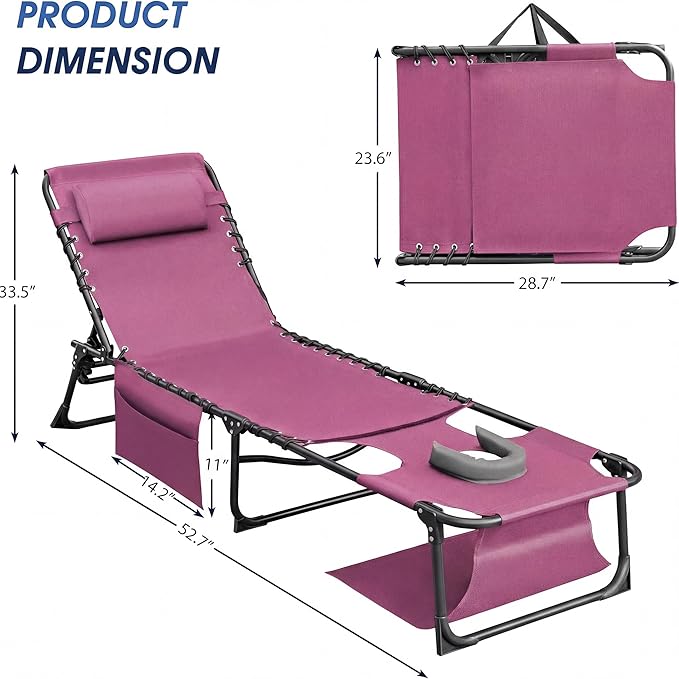 Flamaker Oversize Face Down Chaise Lounge Chair, 27 Inch Wide Foldable Outdoor Patio Chair, 5-Position Adjustable Tanning Chair with Face& Arm Holes for Sunbathing, Pool, Beach, Lawn (Beige, 1 Pcs)