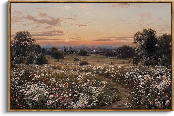 InSimSea Framed Canvas Prints Vintage Decor, Sunset Flower Field Landscape Paintings Wall Art, Large Countryside Farmhouse Hanging Wall Decor for Living Room Bedroom, 24x36inch