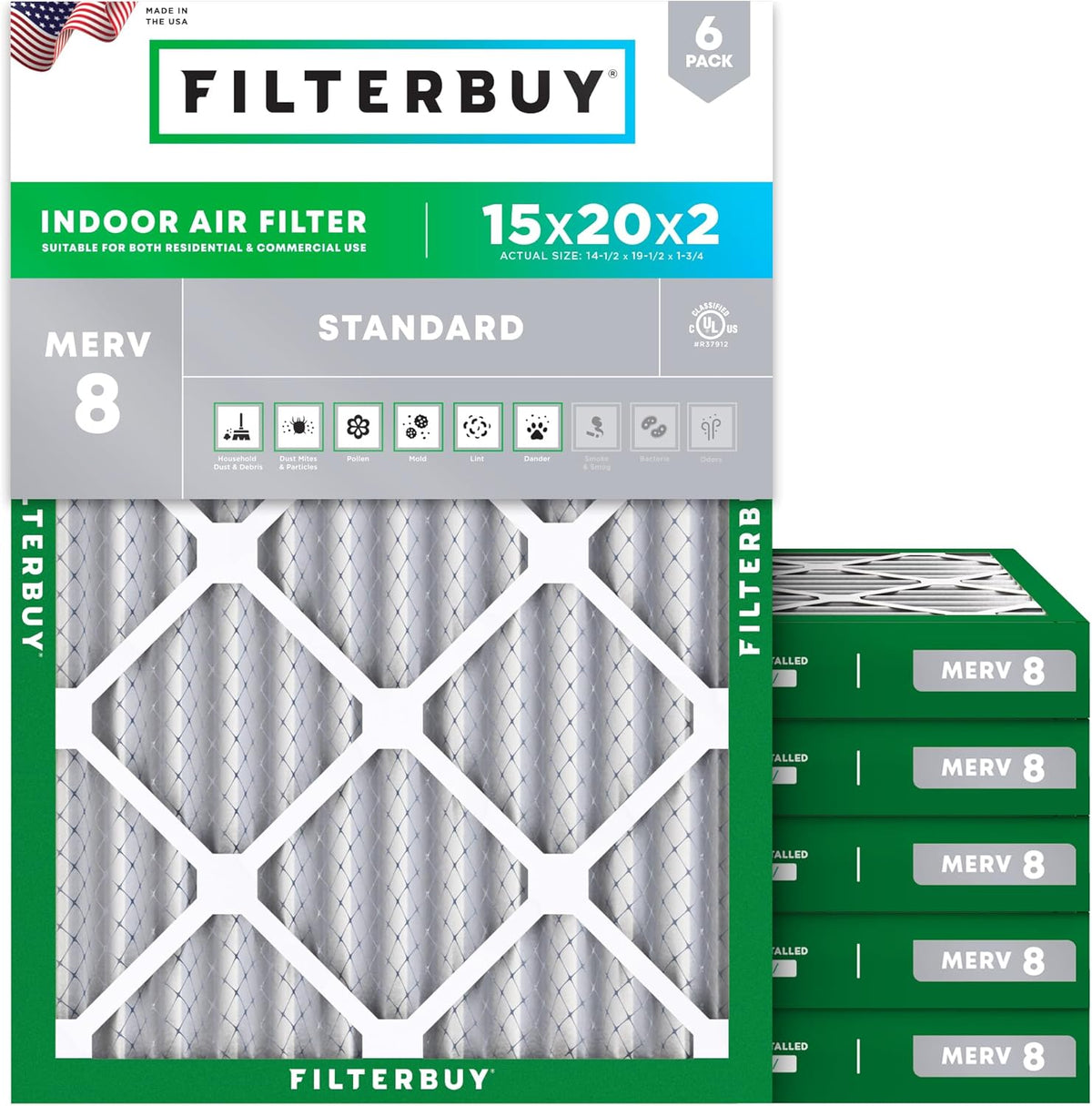Filterbuy 15x20x2 Air Filter MERV 8 (MPR 700) Dust Defense Replacement (6-Pack), Electrostatic Pleated HVAC AC Furnace Filters, Made in USA (Actual Size: 14.50 x 19.50 x 1.75)