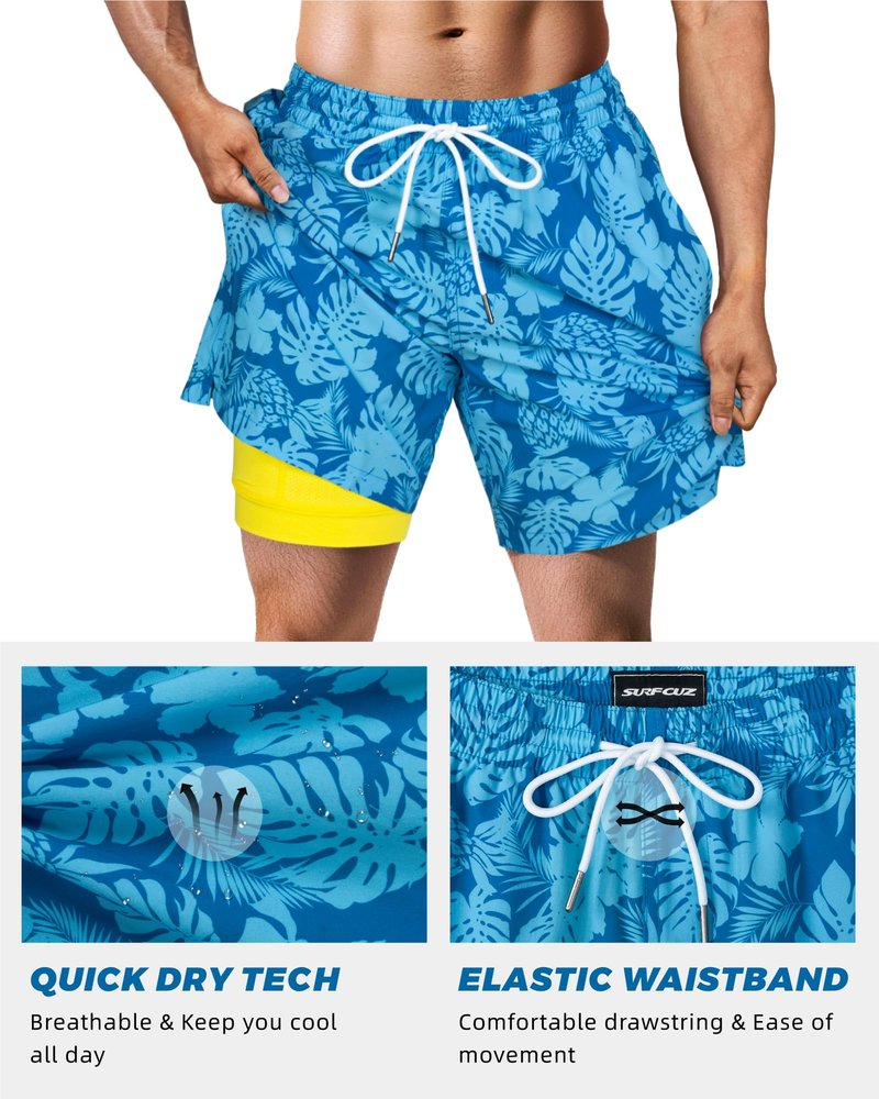 SURF CUZ Mens Swim Trunks with Compression Liner Quick Dry Swim Shorts 7" Swimming Trunks Stretch Zipper Pockets Blue Flower Leaves X X-Large