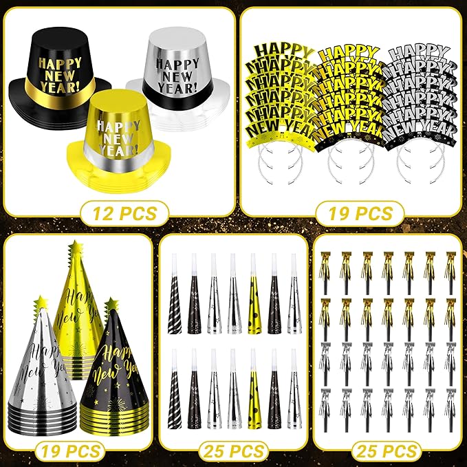 100PCS New Years Party Supplies, New Years Eve Headband 50 Guests, New Year Party Supplies, Cardboard Cone Hat Eve Hats and Tiaras Party Horns Fringed NYE Gold Black Silver