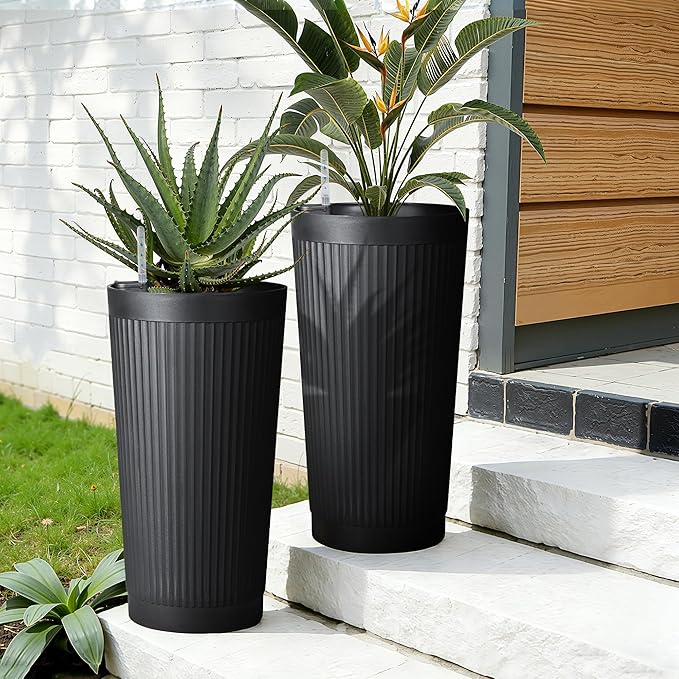 TUYOHW Self-Watering 24in Plastic Round Planter with Vertical Ribbed Design – Indoor Outdoor Flower Pot for Plants, Herbs, and Small Trees, Set of 2