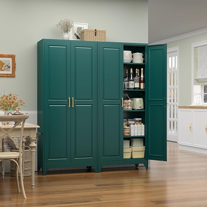 75" Tall Metal Storage Cabinet, Kitchen Pantry Storage Cabinets with Doors and 4 Shelves, Food Pantry Cabinet, Utility Kitchen Cupboard, Large Steel Cabinets for Dining, Living Room, Green