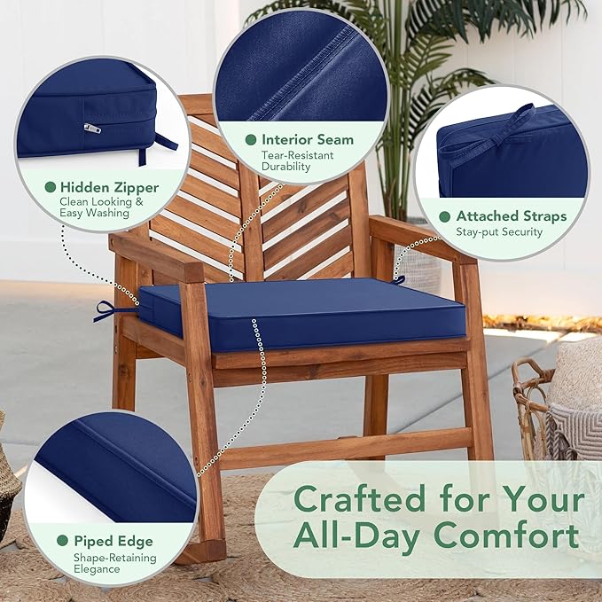 Summsun Outdoor Chair Cushions Set of 6: Waterproof & Fade Resistant Seat Cushion for Patio Furniture - 19 x 19 x 2 Inch Chair Pads with Ties and Hidden Zipper - Patio Chair Cushion Replacement, Navy