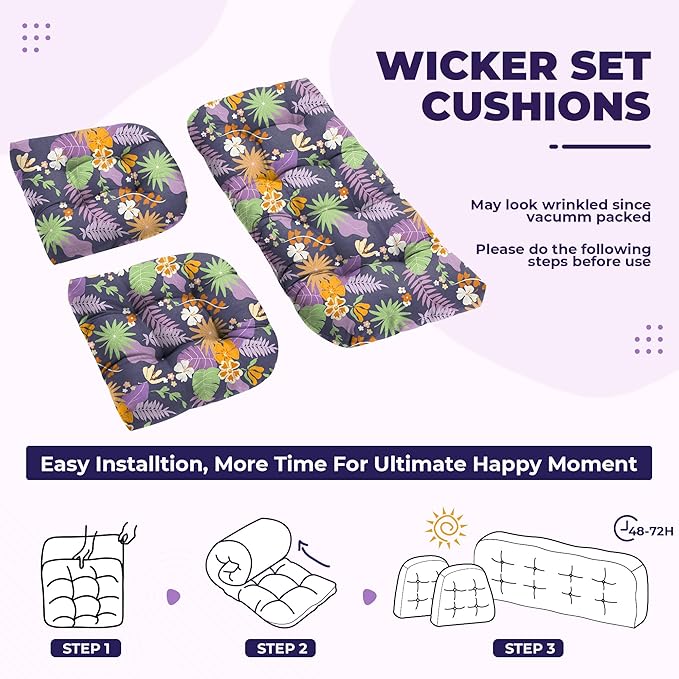 DANGHOOGY Wicker Chair Cushions, Waterproof Outdoor Loveseat Cushions for Patio Furniture, Tufted Wicker Furniture Cushions, 1 Loveseat and 2 U-Shaped Cushions (Purple Flower)