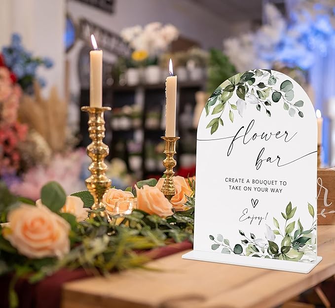 Wedding Signs for Reception, Green Leaves Flower Bar Sign, Wedding Reception Signage, Bridal Shower Table Decorations with Base, Flower Bar Supplies for Proposal, Bridal Shower Events and Ceremony, 03