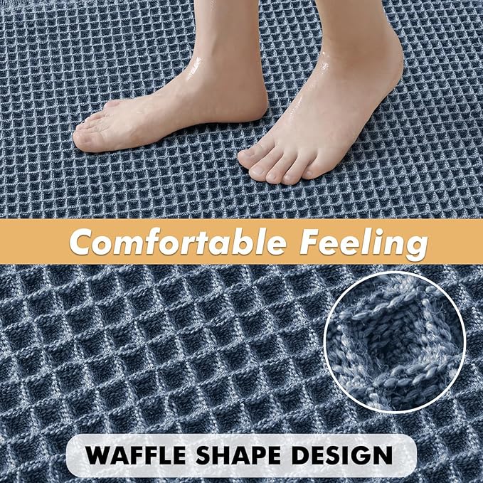 MIULEE Set of 2 Waffle Bathroom Rugs, Boho Bath Rugs Non Slip Washable, Super Absorbent Bath Mats, Ultra Soft Rubber Backed Shower Mats for Bathroom Floor, Tub, Blue, 17"x24"+18"x30"
