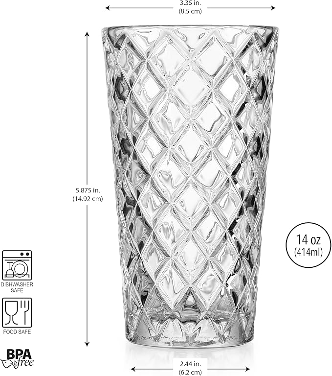 Glaver's Drinking Glasses Set of 4. Tall Highball Glasses. 14oz. Textured Diamond Cut Elegant Drinking Glass Cups - Kitchen Glassware for Water, Iced Tea, Juice, Cocktail.