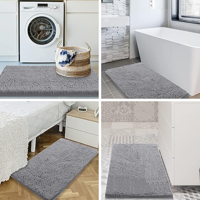 Smiry Luxury Chenille Bathroom Rugs 44x24, Extra Soft and Absorbent Shaggy Bath Mat, Machine Washable, Non-Slip Plush Carpet Runner for Tub, Shower, and Floor, Home Decor Accessories, Light Grey