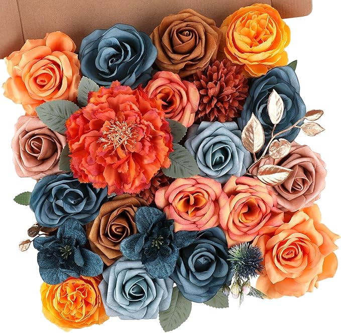 AGIRL Artificial Flowers Combo Silk Mix Teal Orange Fake Flower with Stems for DIY Wedding Bouquets Centerpieces Arrangements Table Chair Decor Baby Shower Home Decor (Teal Orange)