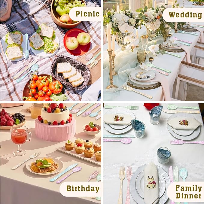 150 PCS Clear Pastel Plastic Silverware Disposable Pastel Utensils Set Heavy Duty Includes 50 Forks 50 Knives 50 Spoons for Birthday Wedding Baby Shower, Tea Party