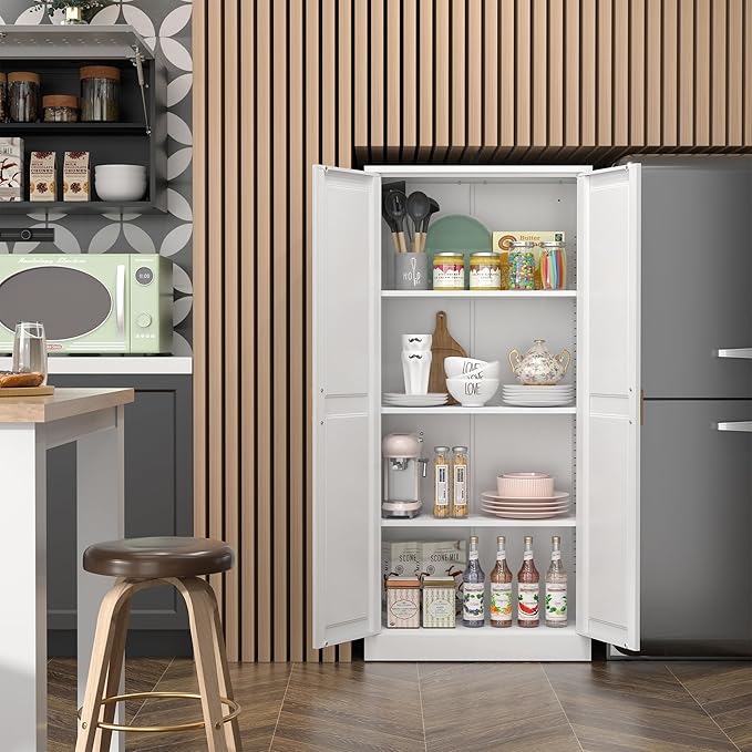 Kitchen Pantry Cabinet,60”White Metal Pantry Storage Cabinet with Doors and 4 Adjustable Shelves,Kitchen Cabinet with 2 Gold Handles,Tall Cabinets for Livingroom, Bathroom