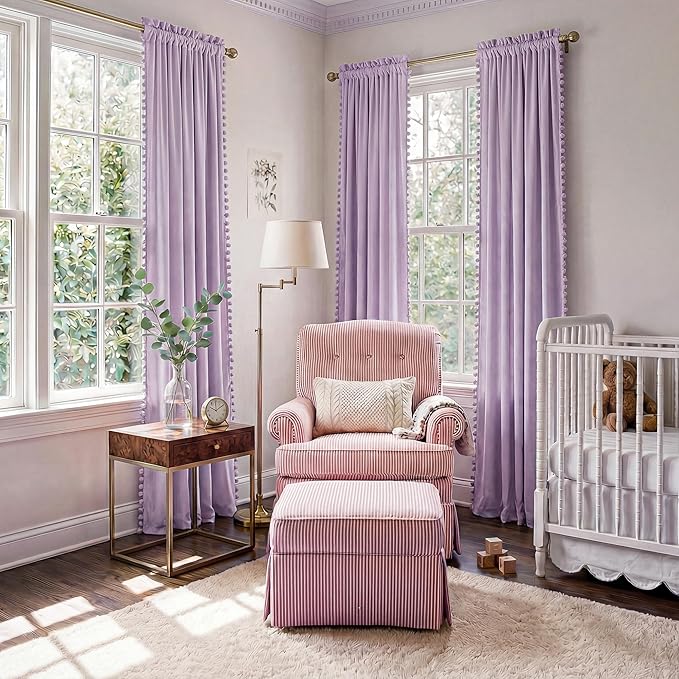 NICETOWN Lilac Purple Pom Pom Velvet Curtains 84 Inch Length