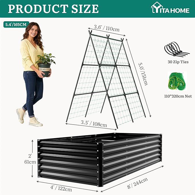 YITAHOME 8x4x2ft Galvanized Raised Garden Bed with Cucumber Trellis, Metal Planter Box with A-Frame Metal Trellis, Vertical Netting, Gloves, Outdoor Flower Bed for Vegetable Bean Grape Flowers, Black