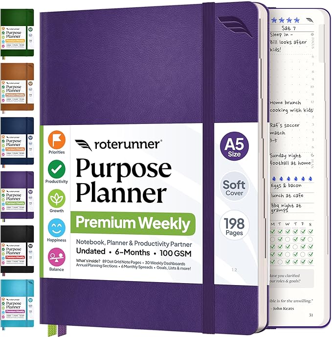 Roterunner Purpose Planner Notebook A5 5.8”x8.3” Undated 2026 Daily Weekly and Monthly Productivity Goal Setting Tool for Work Home ADHD Planner for Adults Self Care Journal (Purple Softcover)