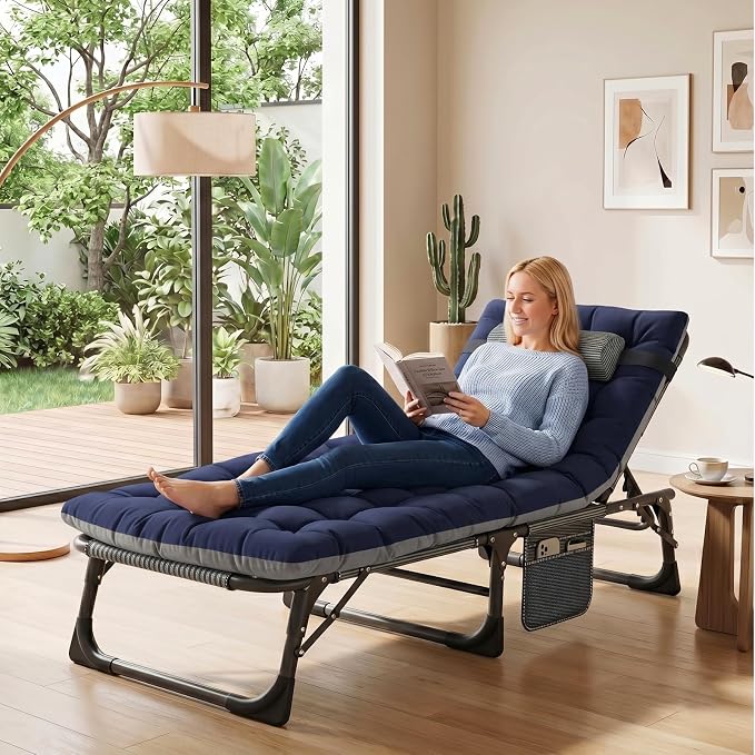 ABORON 3-in-1 Folding Patio Lounge Chair, 440LB Heavy-Duty Tri-Fold Guest Bed with Plush Cotton Cushion, No Assembly Adjustable Recliner for Office Nap, Patio Sunbathing, Poolside & Camping