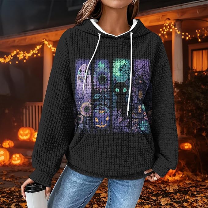 Halloween Sweatshirts for Women Novelty Graphic Drawstring Waffle Hoodies Loose Casual Pullover Tops with Pocket