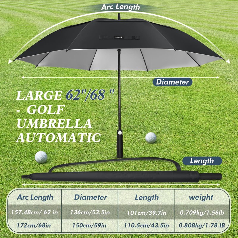 ZOMAKE Large Golf Umbrella UV Potection,62 Inch UV Blocking SPF Umbrellas for Sun Protection Windproof Heavy Duty Vented Double Canopy(Black,Silver)
