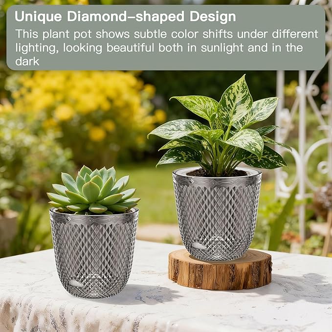 QCQHDU 2 Pack Self Watering Pots, 7.2 Inch Flower Pots with Drainage Holes and Water Filling Port, Plastic Garden Planter for Indoor Outdoor Plants (Gray)