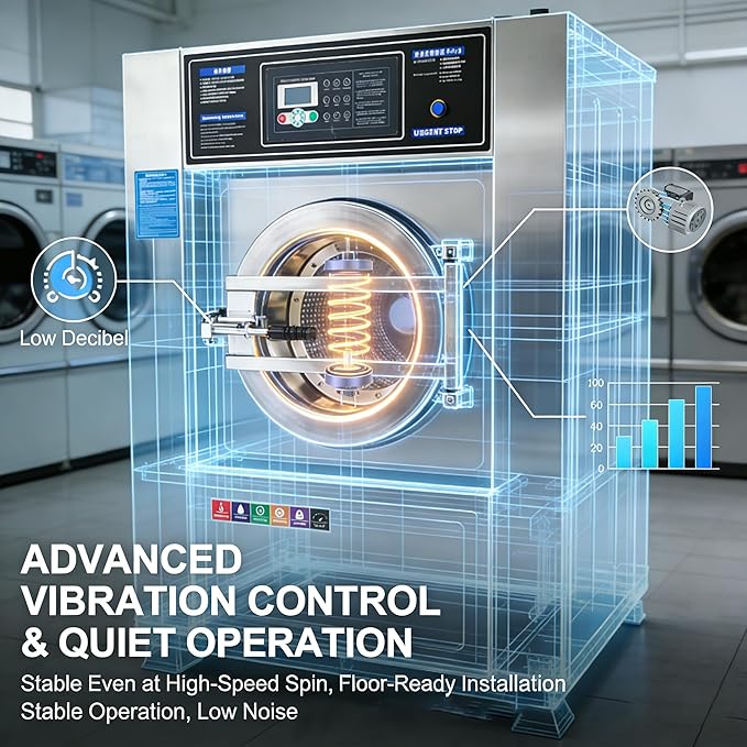 Industrial Front Load Washer Dryer Combo All-in-One Washing Machine with Wash, Spin & Dry 44LBS SUS304 Stainless Steel, Commercial Laundry Machine for Hotel/Hospital/Laundry Shop 220V 60Hz
