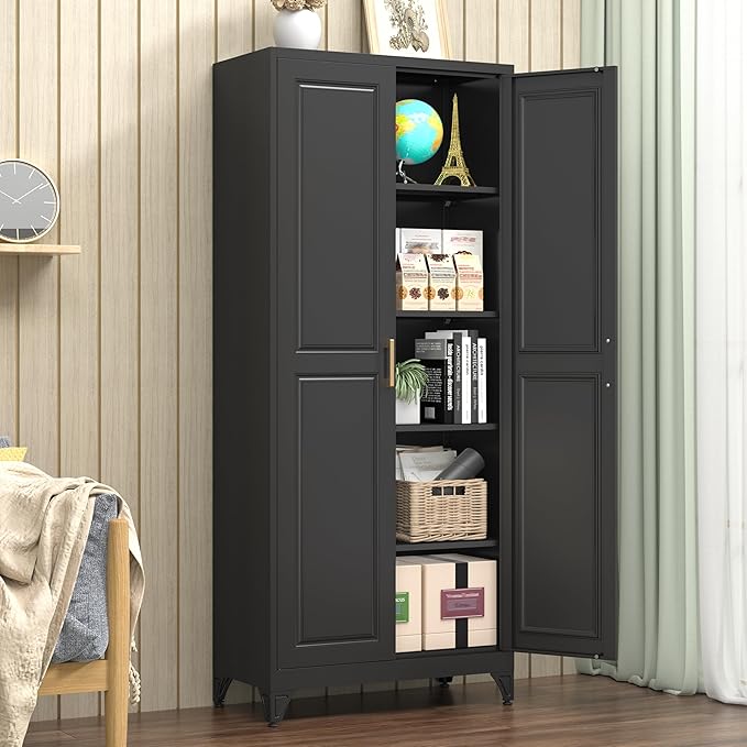 Kitchen Pantry Cabinet, 75" H Metal Storage Cabinet with Doors and Shelves, 4 Standing Feet, Cupboard for Kitchen, Dining, Living Room, 16" D x 32" W x 75" H, Black, Assembly Required