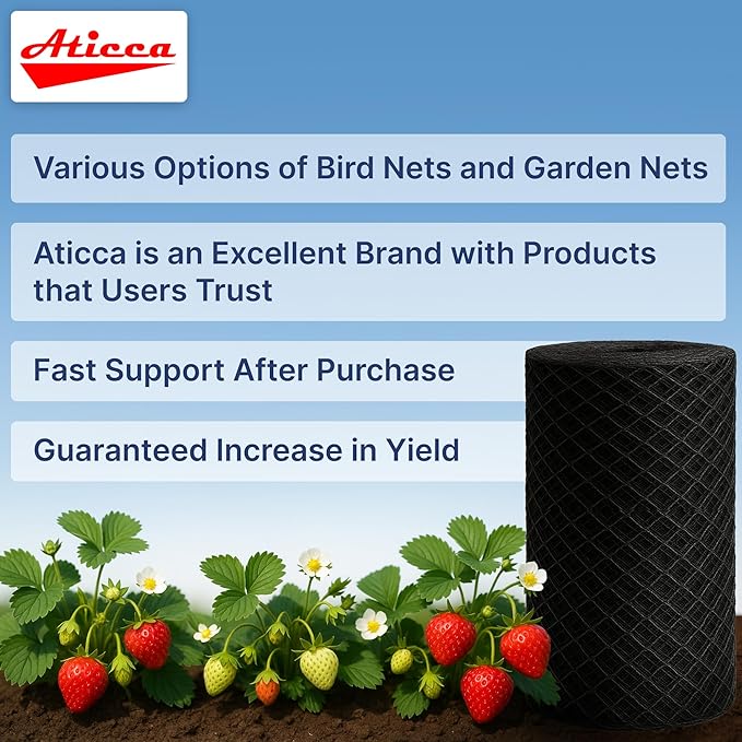 ATICCA Heavy Duty Bird Netting for Garden Protection & Fruit Trees, 7.5x65 Ft with 10 Stakes – Black Anti-Bird Net for Poultry, Deer, & Squirrel Protection, Durable Nylon Mesh for Garden and Yard Use