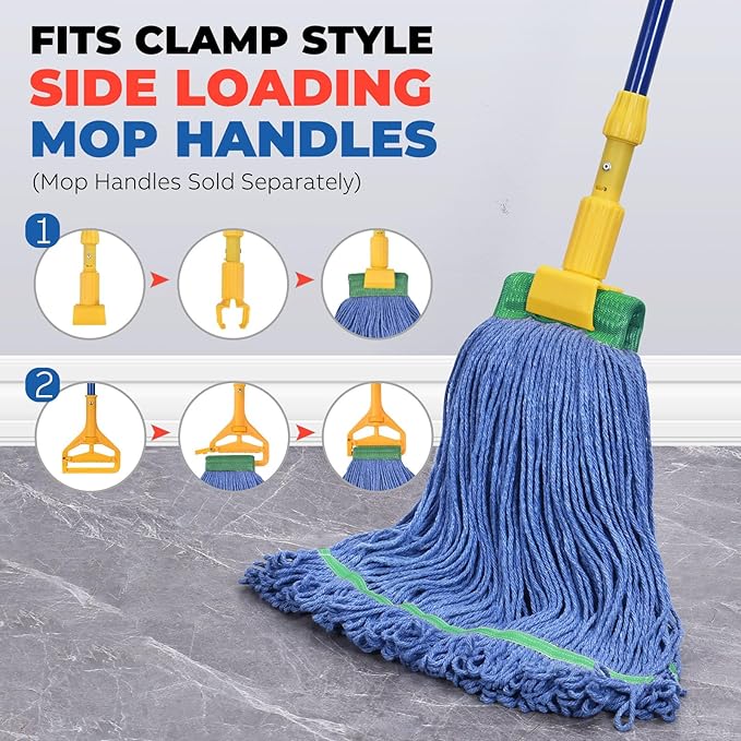 Onesimus 18 oz Heavy Duty Mop Head Replacement, 5 Inch Headband for Quick Change Handle, Blue Loop-End Cotton Blend String Wet Dry Floor Mop Refill Commercial Cleaning Supplies, 1 Pack Medium