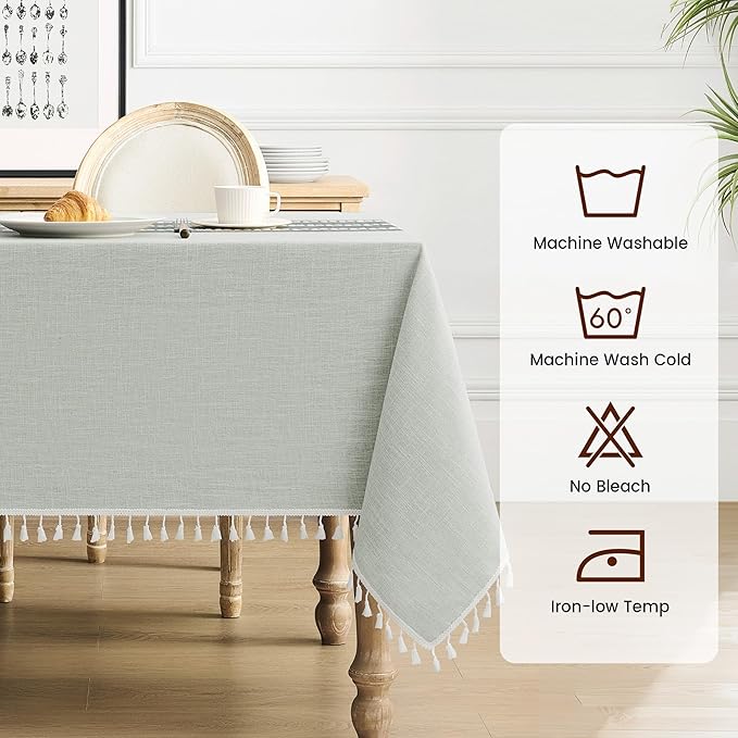 puredown® Rustic Rectangle Tablecloth, Waterproof Cotton Linen Tablecloth with Tassel, Wrinkle Free Farmhouse Table Cloths for Kitchen Dining Outdoor, 55"x86",6-8 Seats, Gray