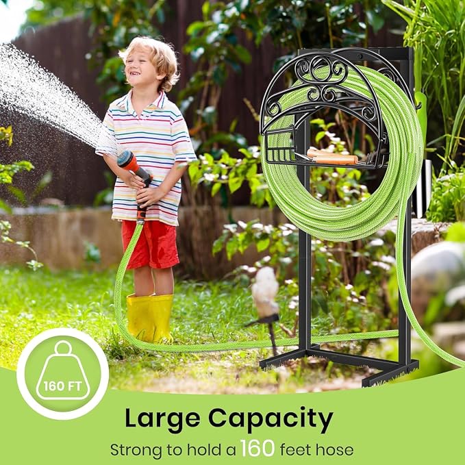 TomCare Garden Hose Holder Upgraded Water Hose Holder Heavy Duty 4 Spikes Hose Hanger Holds 160 Feet Hoses Stable Freestanding Hose Storage Organizer for Outside Yard