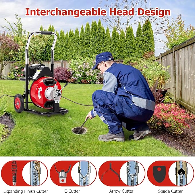 Garvee K-300ZF 3/8 in 100 ft 1 Red & Black Electric Drain Cleaner Machine - Automatic Auger for 1 to 4 in Pipes, Portable Design, 4 Cutters, Foot Switch Control, and Includes Gloves.