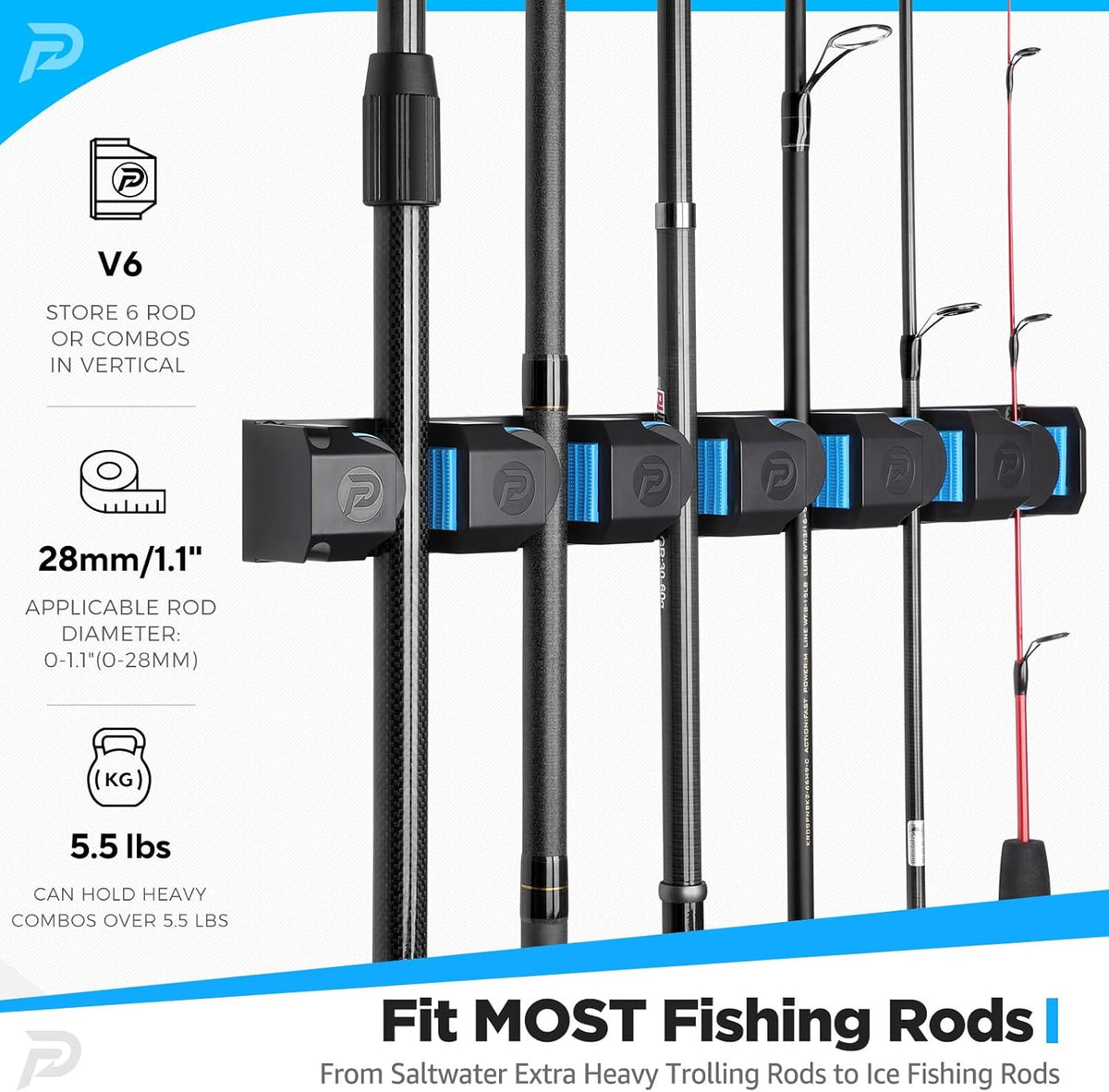 PLUSINNO Fishing Gifts for Men - V6 Vertical Fishing Rod/Pole Holders, Support Extra Large & Heavy Fishing Rod Combos, Fishing Rod Holders for Garage, Wall Mounted Fishing Rod Rack Storage