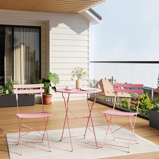 3-Piece Folding Bistro Set Outdoor Patio Furniture, Space-Saving Foldable Chairs & Table Capacity Heavy-Duty Powder-Coated Steel Frame, No Assembly Required for Garden, Balcony, Backyard, Pink