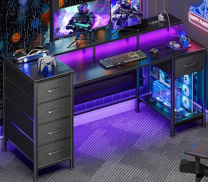 55 Inch Computer Gaming Desk with Power Outlets LED Lights Reversible Home Office with Adjustable Fabric Storage Drawers for Working Writing Study, Black