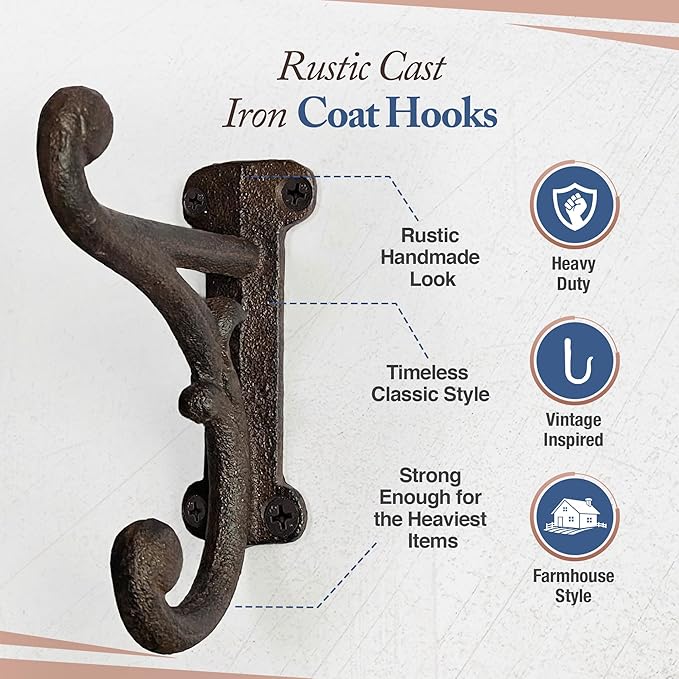 Rustic Cast Iron Coat Hooks Rustic Dark Brown, Wall Mounted, Farmhouse