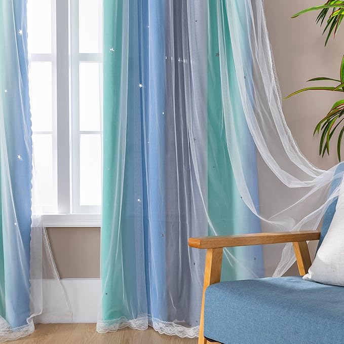 XiDi Curtains for Bedroom Decor, Rainbow BluGrenGrey-34-96