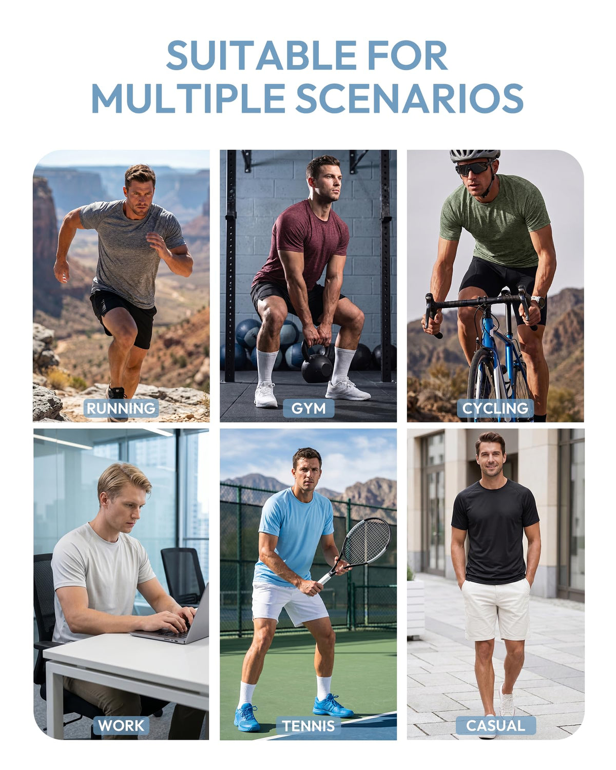MCPORO Workout Shirts for Men Short Sleeve Quick Dry Athletic Gym Active T Shirt Moisture Wicking 5 Pack Black, Dark Grey, White, Blue, Red X-Large