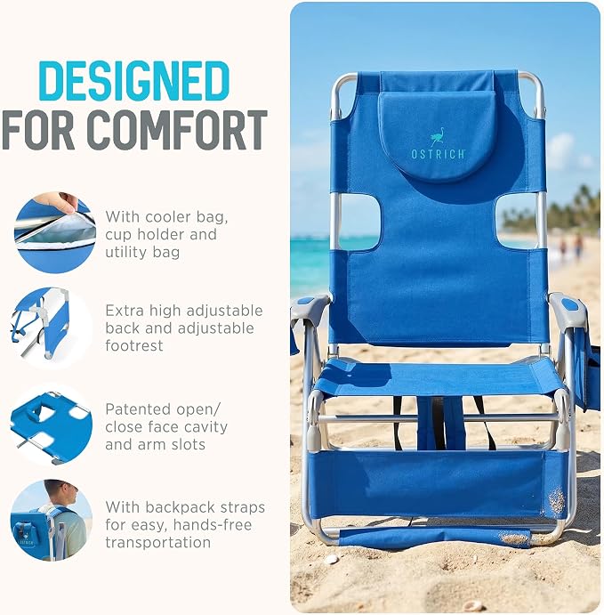 Ostrich the Backpack 3N1 Portable Chair with Cooler Bag and Reclining Lounger for Tanning, Camping, Beach, and Outdoor Essential, Blue