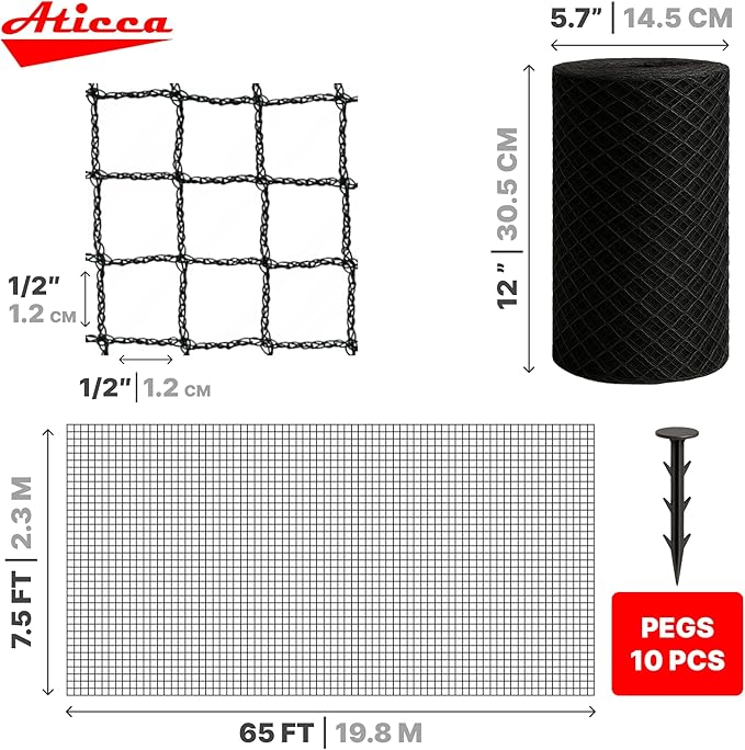 ATICCA Heavy Duty Bird Netting for Garden Protection & Fruit Trees, 7.5x65 Ft with 10 Stakes – Black Anti-Bird Net for Poultry, Deer, & Squirrel Protection, Durable Nylon Mesh for Garden and Yard Use
