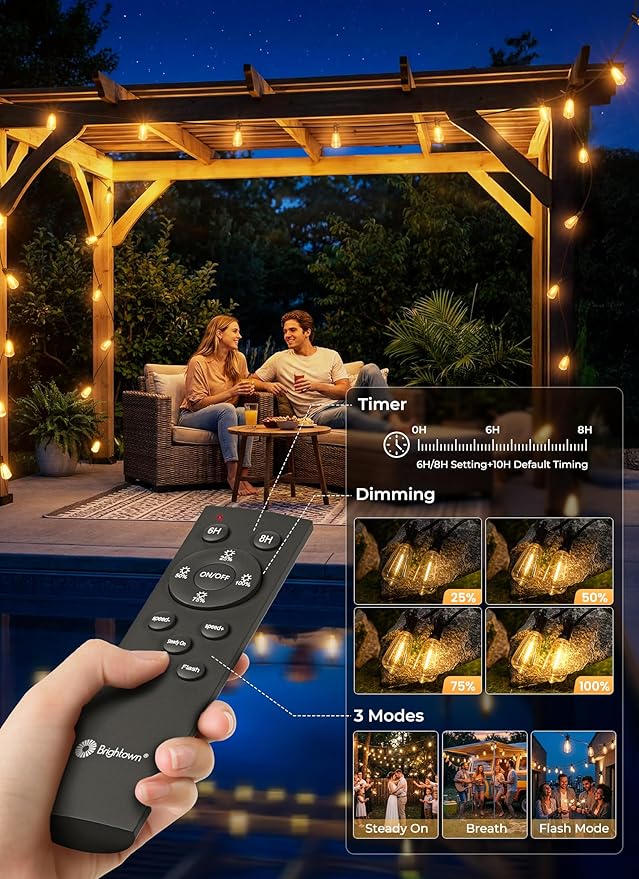 Brightown 52FT Solar String Lights Outdoor Waterproof, Patio Lights with Remote & Timer, USB/Solar Powered Dimmable Outdoor Lights, 15+1 LED Bulbs for Backyard Garden Camping Party - 26Hrs Runtime