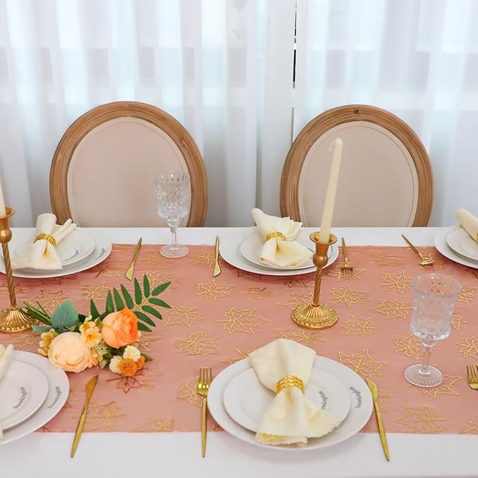 Snowkingdom Fall Thanksgiving Table Runner 10Ft, Gold Maple Leaves Burnt Orange Rust Sheer Tulle Gauze Cheesecloth, Golden Sequin Glitter Dining Table Centerpieces Decorations for Autumn Harvest Party