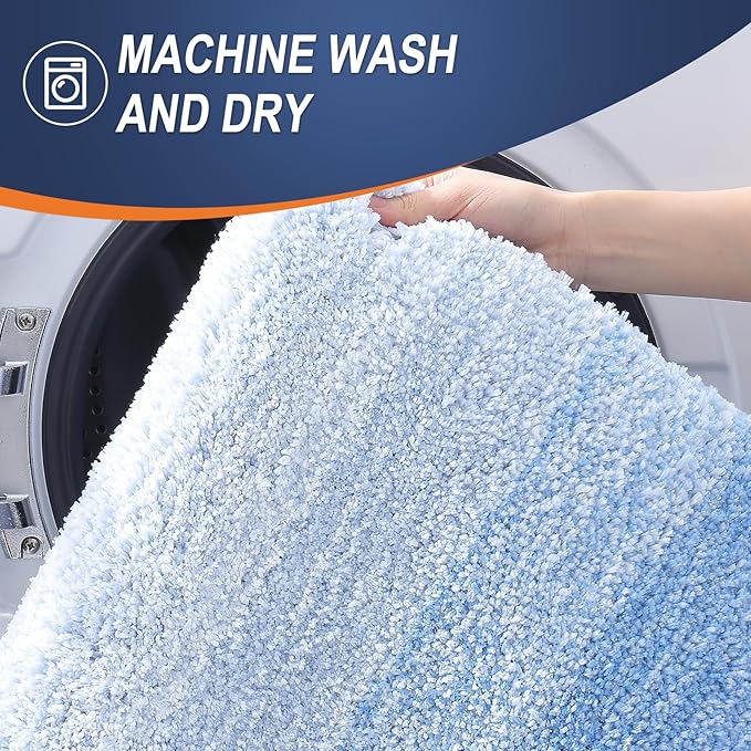 OLANLY Luxury Toilet Rugs U-Shaped 24x20, Extra Soft and Absorbent Microfiber Bathroom Rugs, Non-Slip Plush Shaggy Bath Mat, Machine Wash Dry, Contour Bathroom Mats for Toilet Base, Light Blue